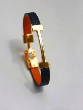 Gold-Tone H Bar Leather Cuff Bracelet - Black/Orange